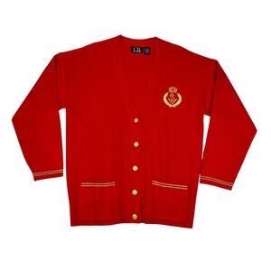 C.B. Casual Red Nautical Button Cardigan Vintage Gold Crest Size Large